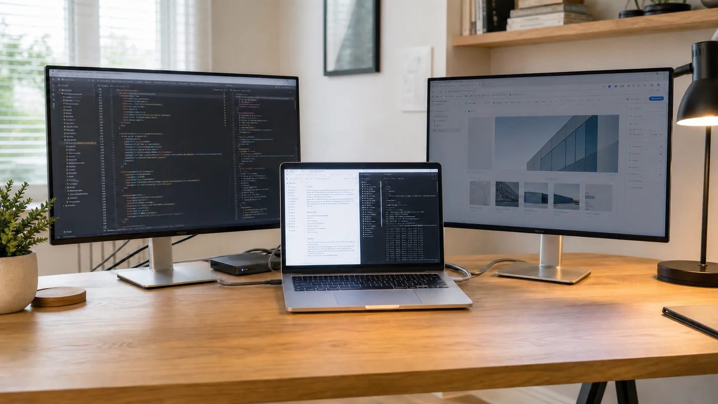 The same three-monitor workspace with comfortable independent brightness levels after NightOwl dimming