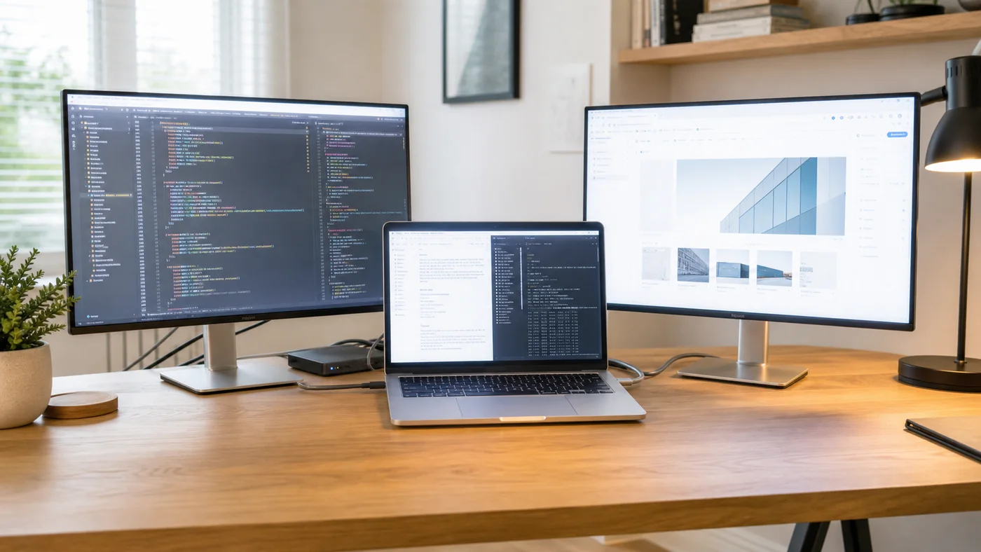 Three desktop monitors all displaying harsh bright white screens before NightOwl dimming
