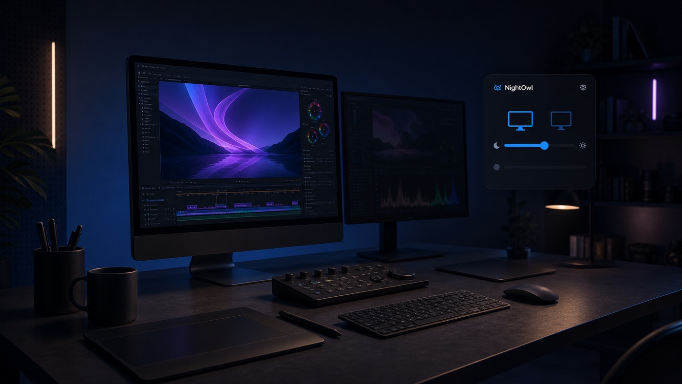 A creative editing workspace with a dimmed secondary display