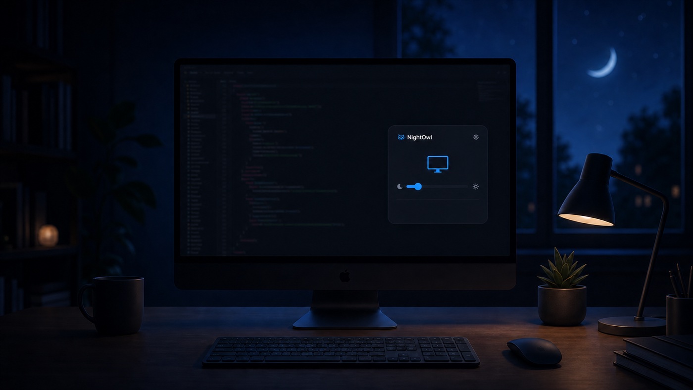 A softly dimmed NightOwl coding workspace at night