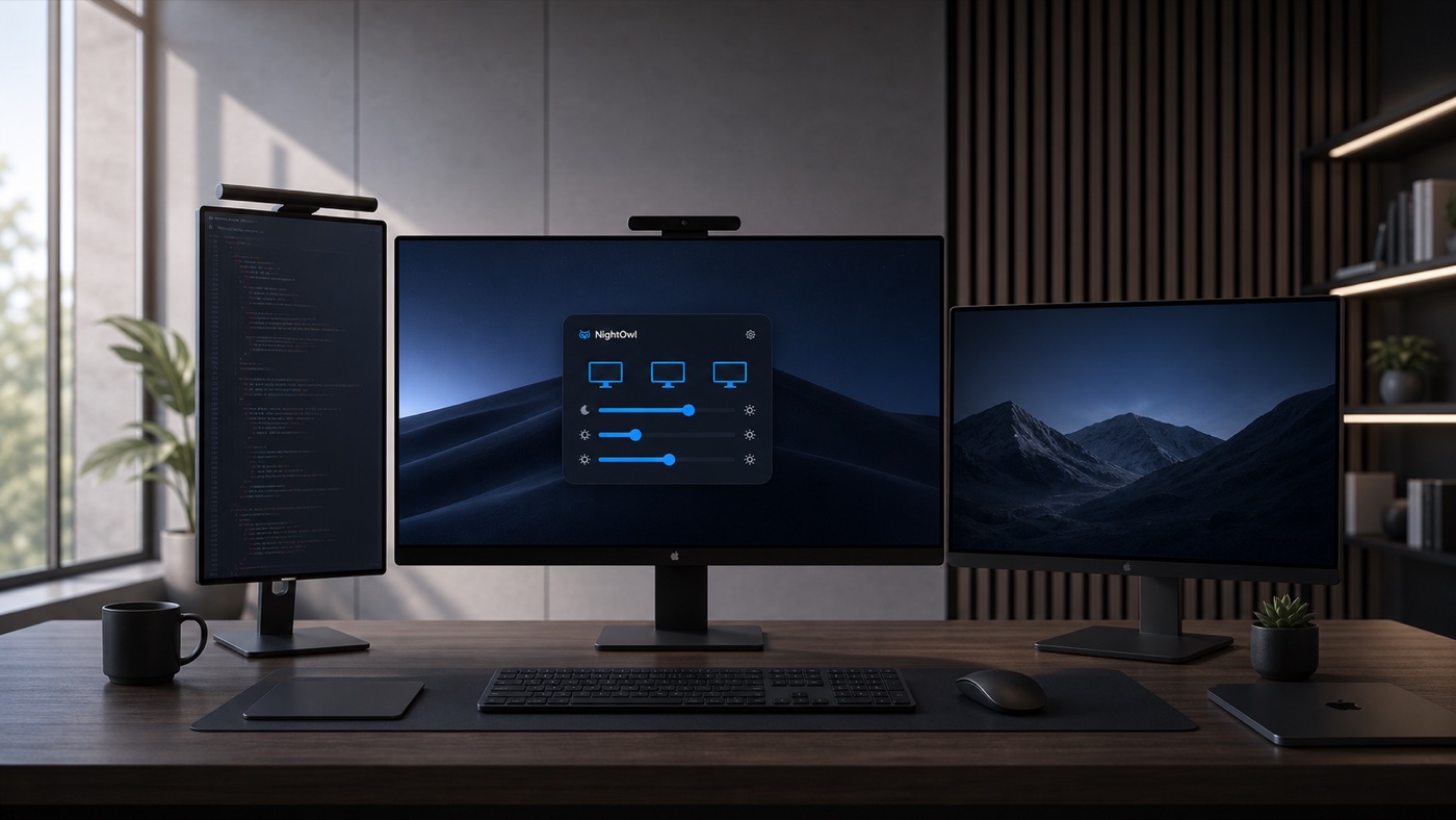Three desktop displays balanced with independent NightOwl brightness controls